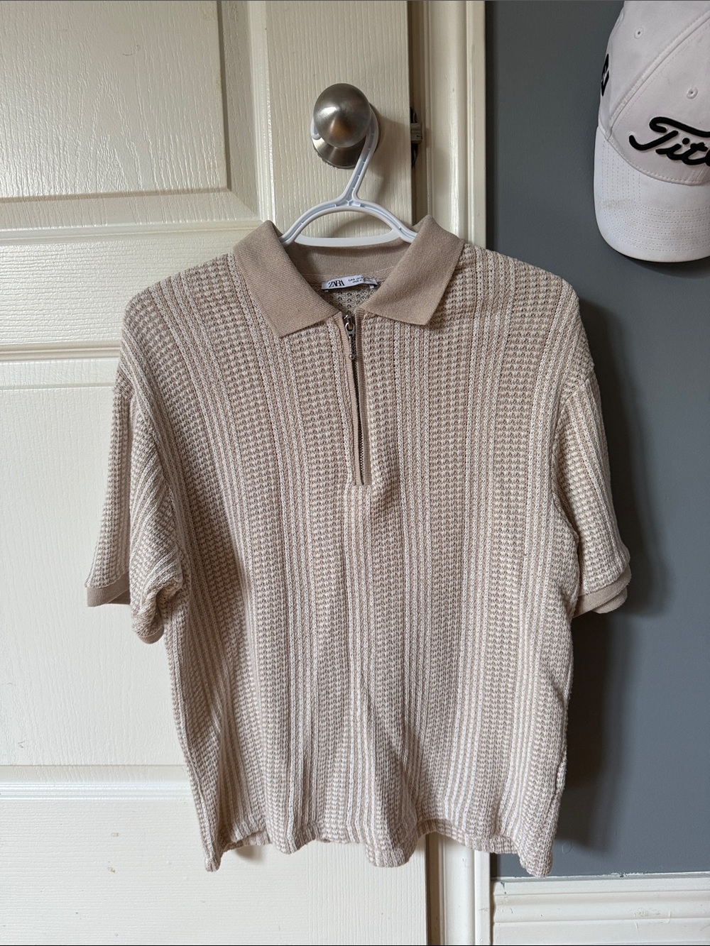 Zara Beige Short-Sleeve Polo Zip Knit Sweater